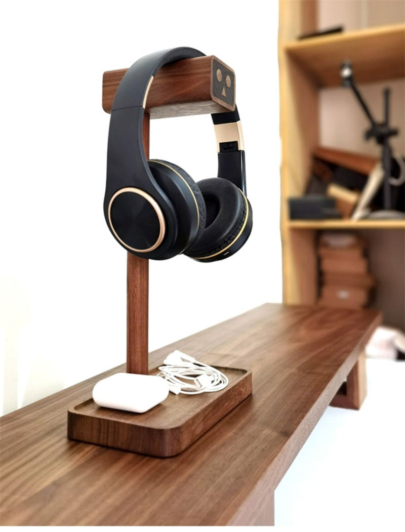 Wooden Robot Headphone Stand with Storage Tray - Cute & Functional Headset Holder for Desk Organization