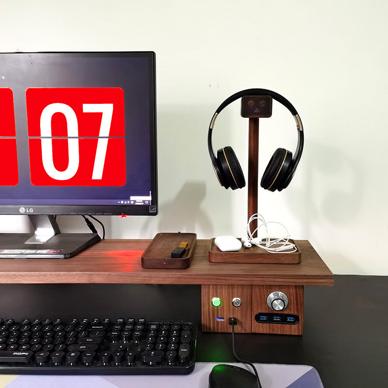 Wooden Robot Headphone Stand with Storage Tray - Cute & Functional Headset Holder for Desk Organization
