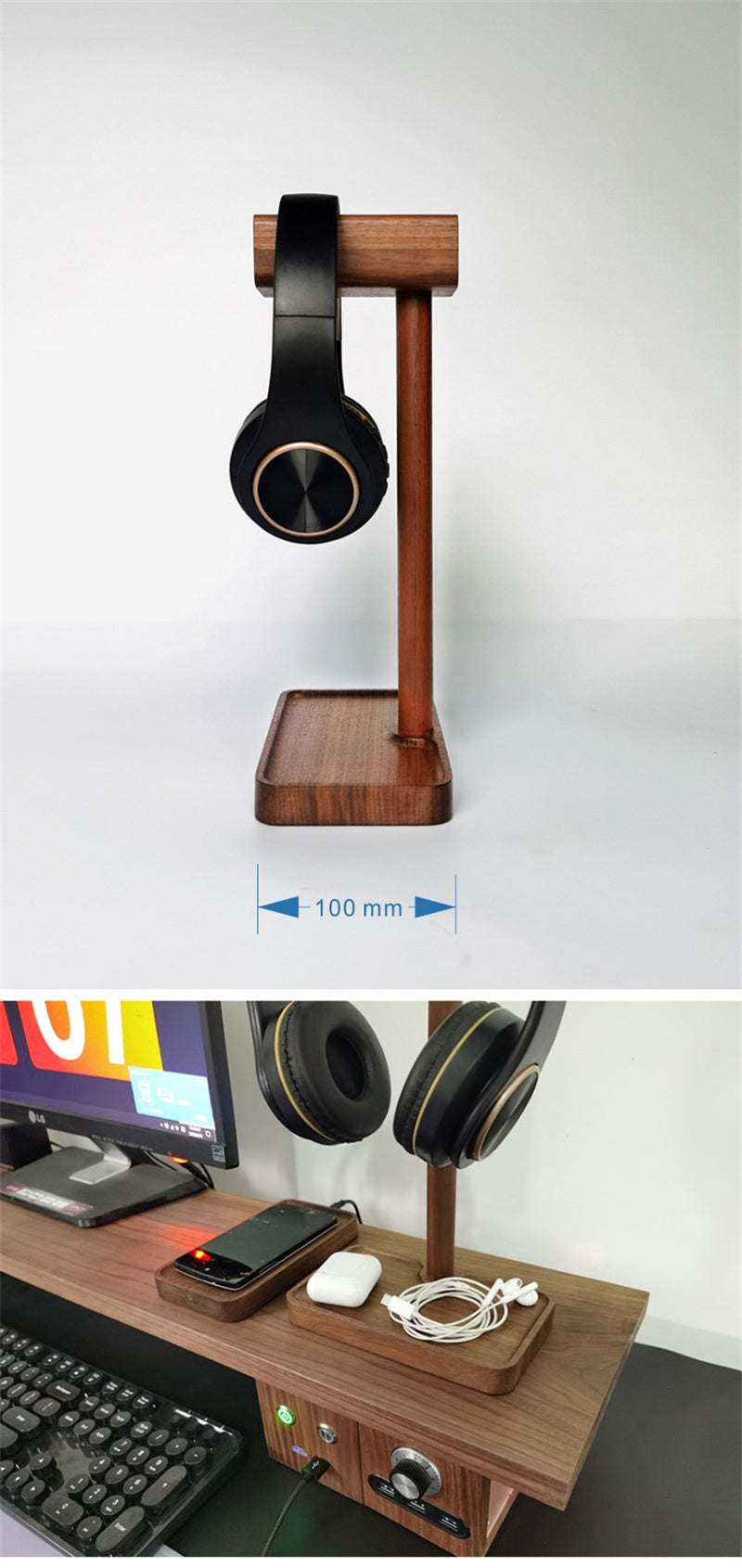 Wooden Robot Headphone Stand with Storage Tray - Cute & Functional Headset Holder for Desk Organization