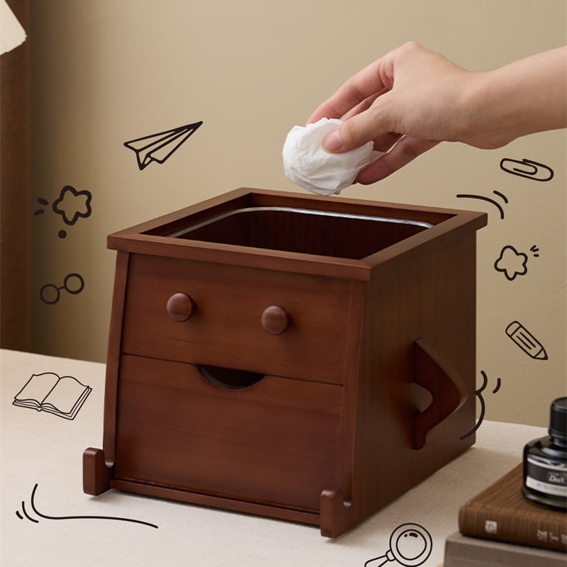 Wooden Robot Trash Can with Drawer - Desktop Storage Bin for Kitchen Countertops & Office Desks