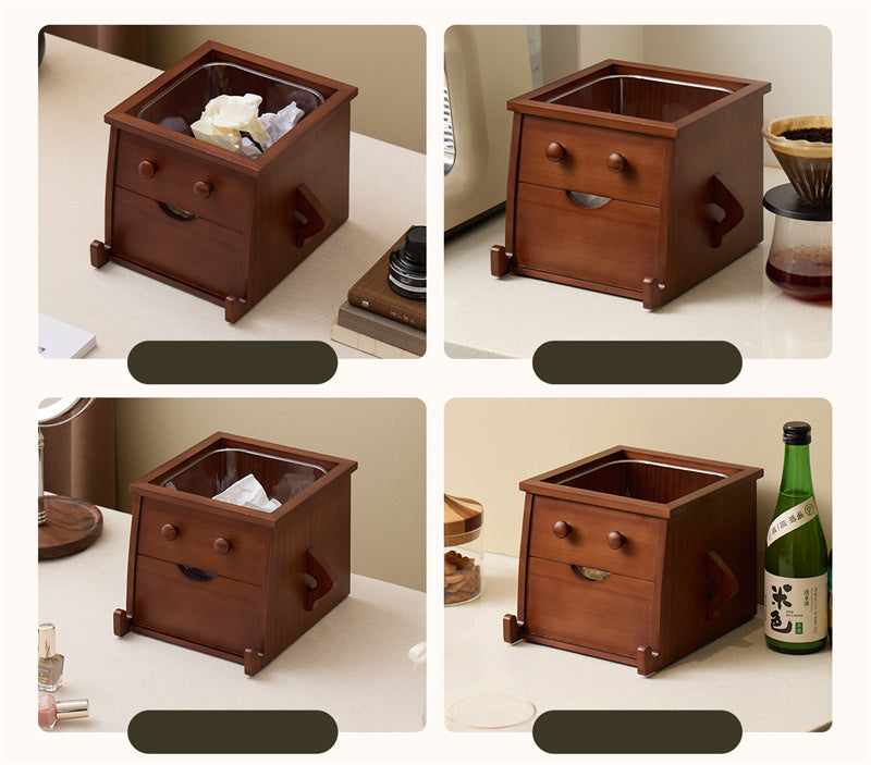Wooden Robot Trash Can with Drawer - Desktop Storage Bin for Kitchen Countertops & Office Desks