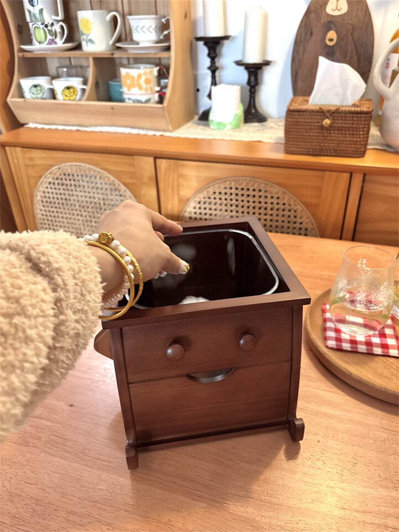 Wooden Robot Trash Can with Drawer - Desktop Storage Bin for Kitchen Countertops & Office Desks
