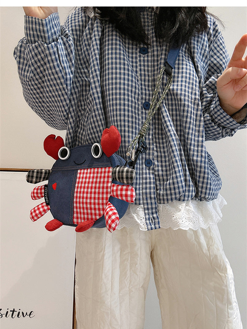 Cute Crab-Shaped Denim Crossbody Bag - Multi-Way Shoulder/Mobile Phone Pouch