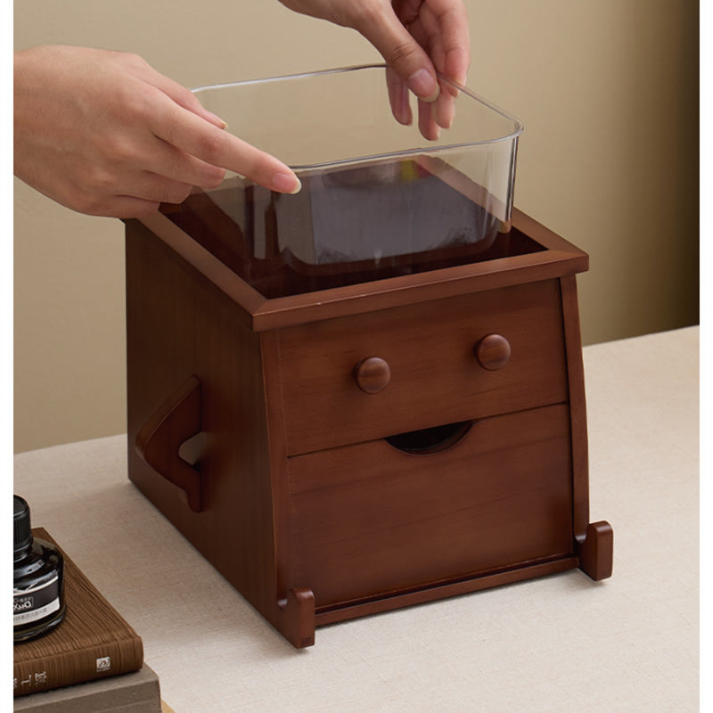 Wooden Robot Trash Can with Drawer - Desktop Storage Bin for Kitchen Countertops & Office Desks