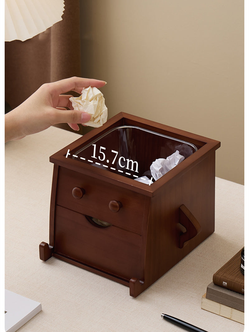 Wooden Robot Trash Can with Drawer - Desktop Storage Bin for Kitchen Countertops & Office Desks