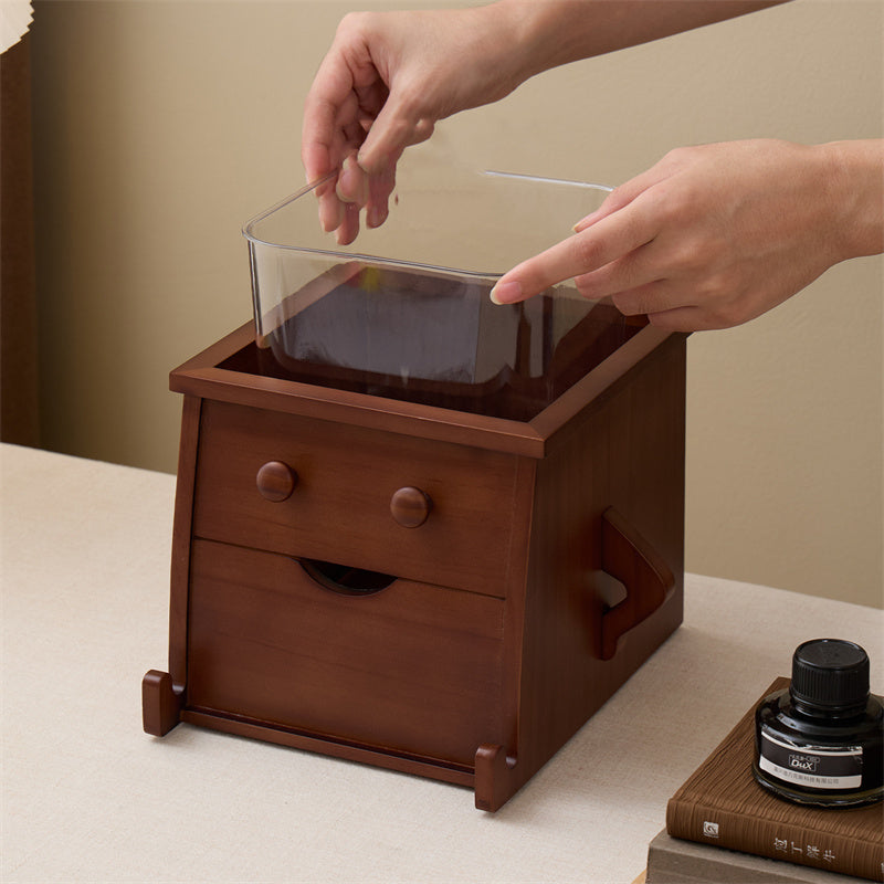 Wooden Robot Trash Can with Drawer - Desktop Storage Bin for Kitchen Countertops & Office Desks