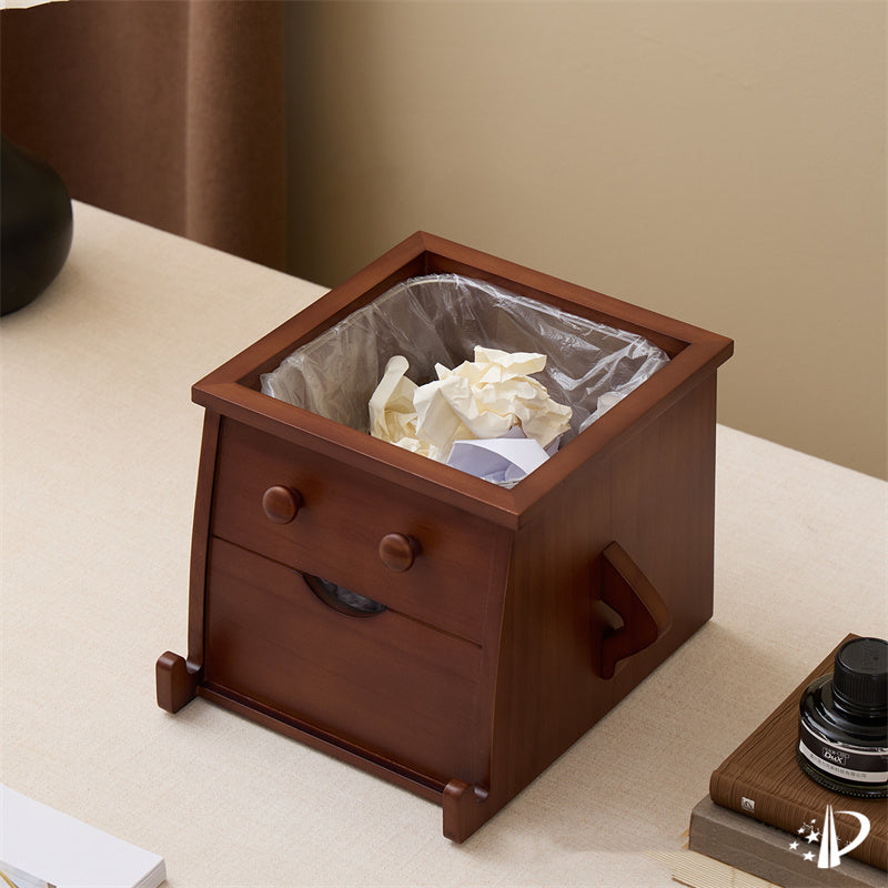Wooden Robot Trash Can with Drawer - Desktop Storage Bin for Kitchen Countertops & Office Desks