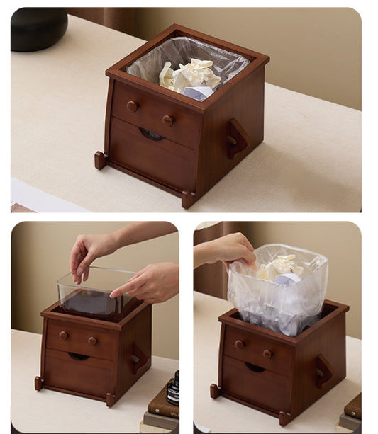 Wooden Robot Trash Can with Drawer - Desktop Storage Bin for Kitchen Countertops & Office Desks