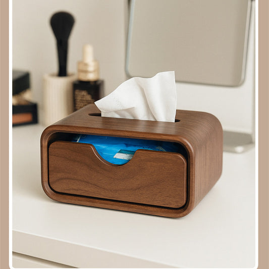 Wooden Tissue Box with Drawer - Multi-Purpose Vanity Storage Holder for Tissues & Small Essentials