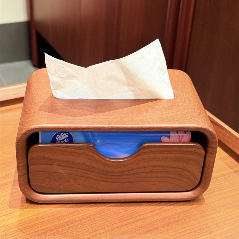 Wooden Tissue Box with Drawer - Multi-Purpose Vanity Storage Holder for Tissues & Small Essentials