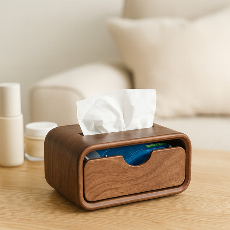 Wooden Tissue Box with Drawer - Multi-Purpose Vanity Storage Holder for Tissues & Small Essentials
