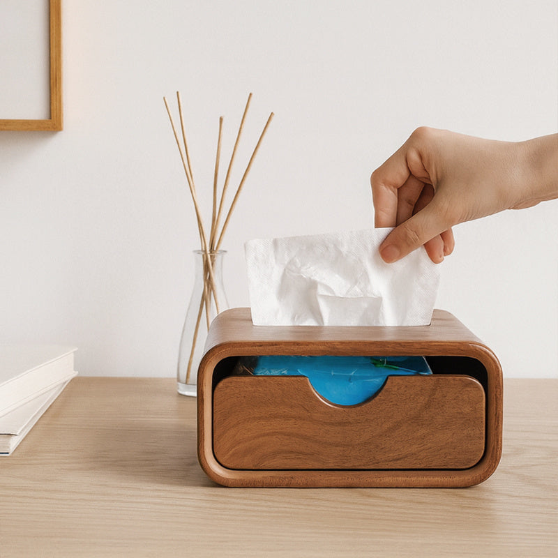 Wooden Tissue Box with Drawer - Multi-Purpose Vanity Storage Holder for Tissues & Small Essentials