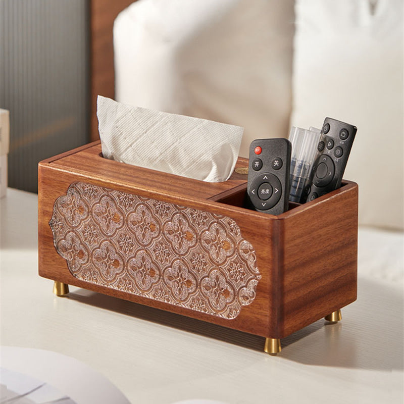 Wooden Tissue Box with Remote Control Storage Compartment, Home Desktop Organizer