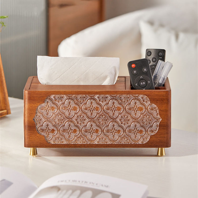 Wooden Tissue Box with Remote Control Storage Compartment, Home Desktop Organizer
