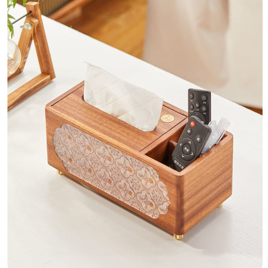 Wooden Tissue Box with Remote Control Storage Compartment, Home Desktop Organizer