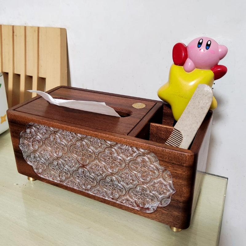 Wooden Tissue Box with Remote Control Storage Compartment, Home Desktop Organizer