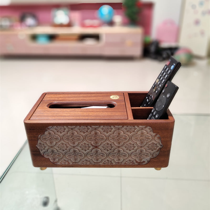 Wooden Tissue Box with Remote Control Storage Compartment, Home Desktop Organizer