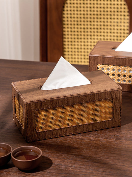 Leather Tissue Box with Woven Rattan Panels - Rustic Boho Decorative Tissue Holder