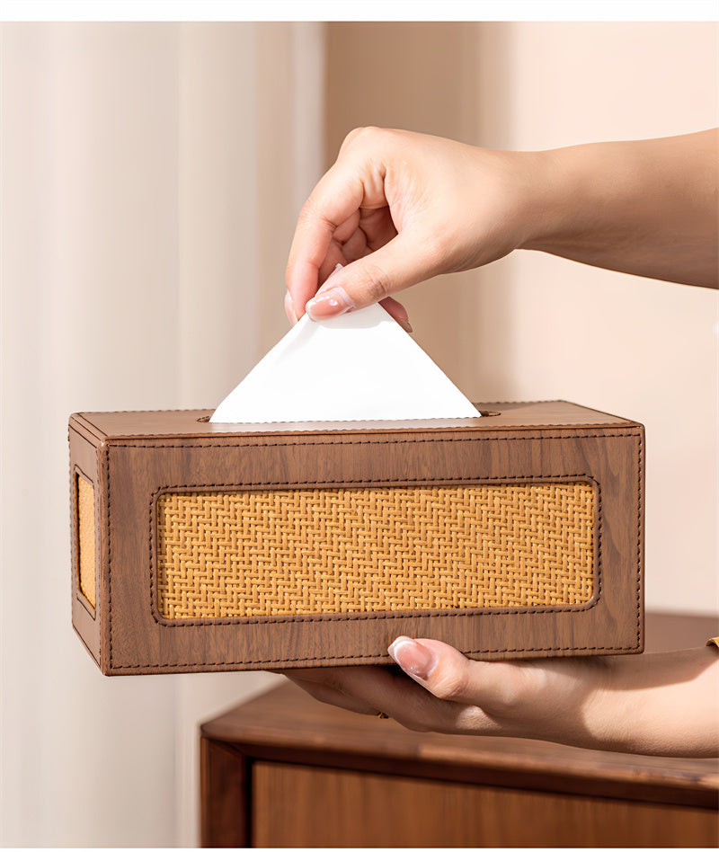Leather Tissue Box with Woven Rattan Panels - Rustic Boho Decorative Tissue Holder