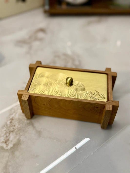 Wooden Toothpick Holder With Brass Lid,Cotton Swab Storage Container, Jewelry Box,Bathroom Vanity Countertop Organizer