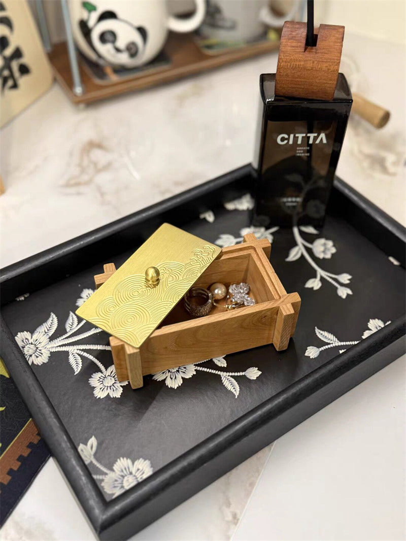 Wooden Toothpick Holder With Brass Lid,Cotton Swab Storage Container, Jewelry Box,Bathroom Vanity Countertop Organizer