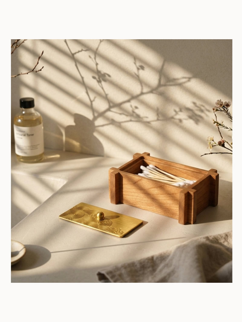 Wooden Toothpick Holder With Brass Lid,Cotton Swab Storage Container, Jewelry Box,Bathroom Vanity Countertop Organizer