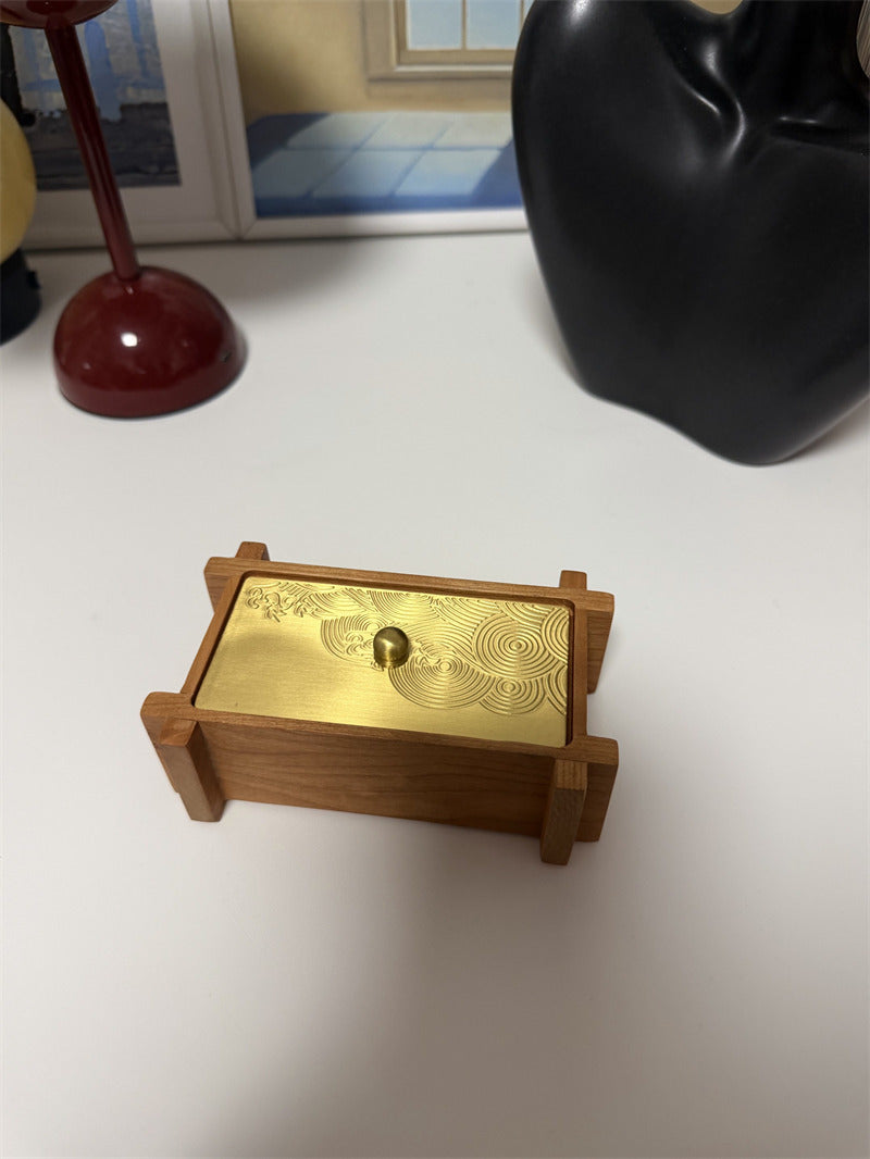 Wooden Toothpick Holder With Brass Lid,Cotton Swab Storage Container, Jewelry Box,Bathroom Vanity Countertop Organizer