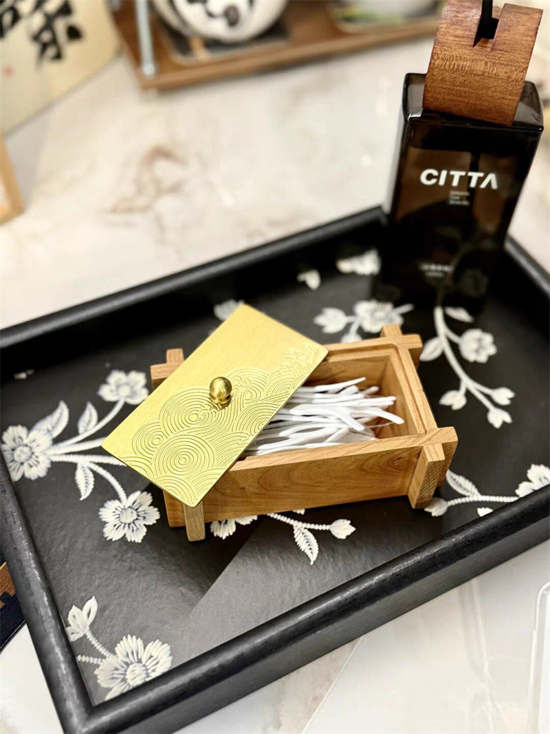 Wooden Toothpick Holder With Brass Lid,Cotton Swab Storage Container, Jewelry Box,Bathroom Vanity Countertop Organizer