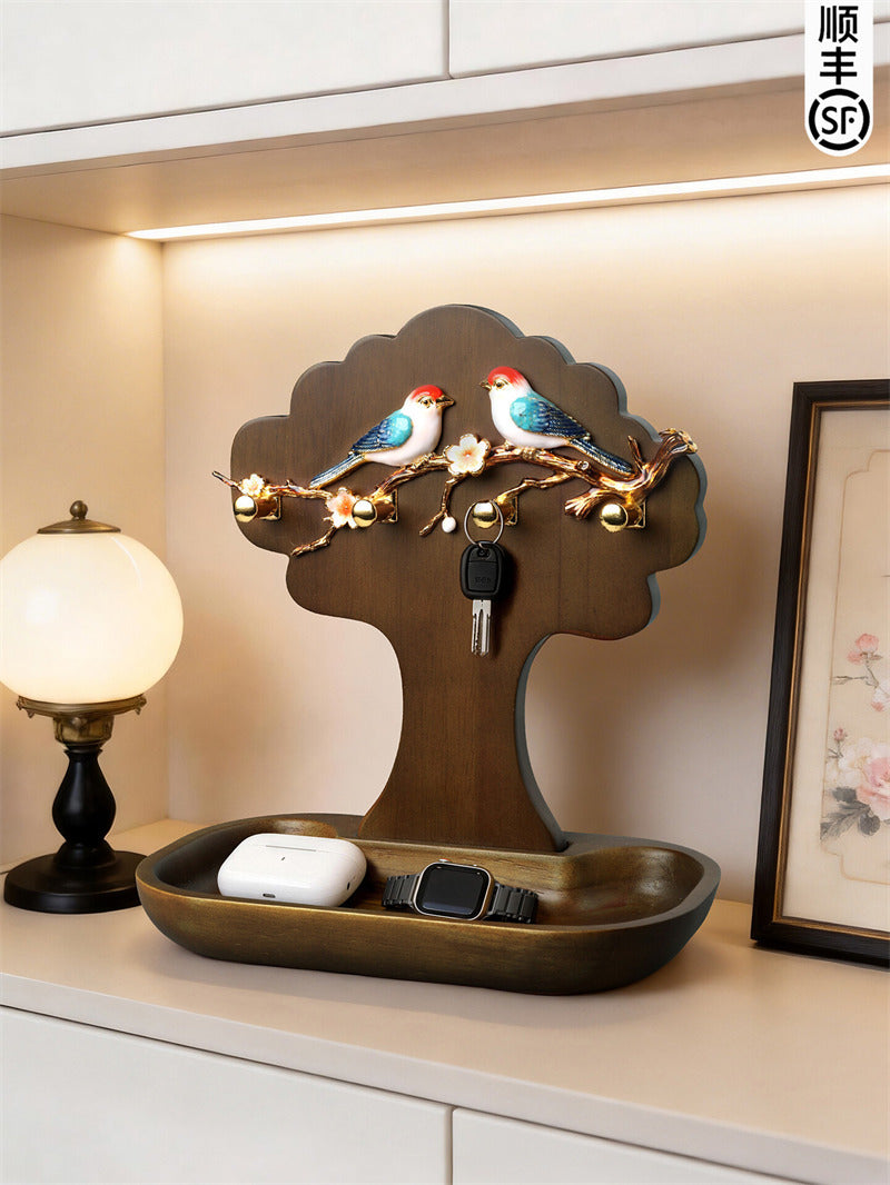 Wooden Tree Jewelry Holder Stand with Birds & Flower Ornament, Earring Necklace Ring Organizer Tray