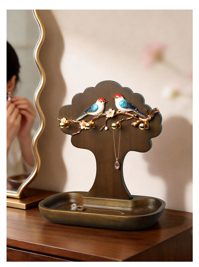Wooden Tree Jewelry Holder Stand with Birds & Flower Ornament, Earring Necklace Ring Organizer Tray