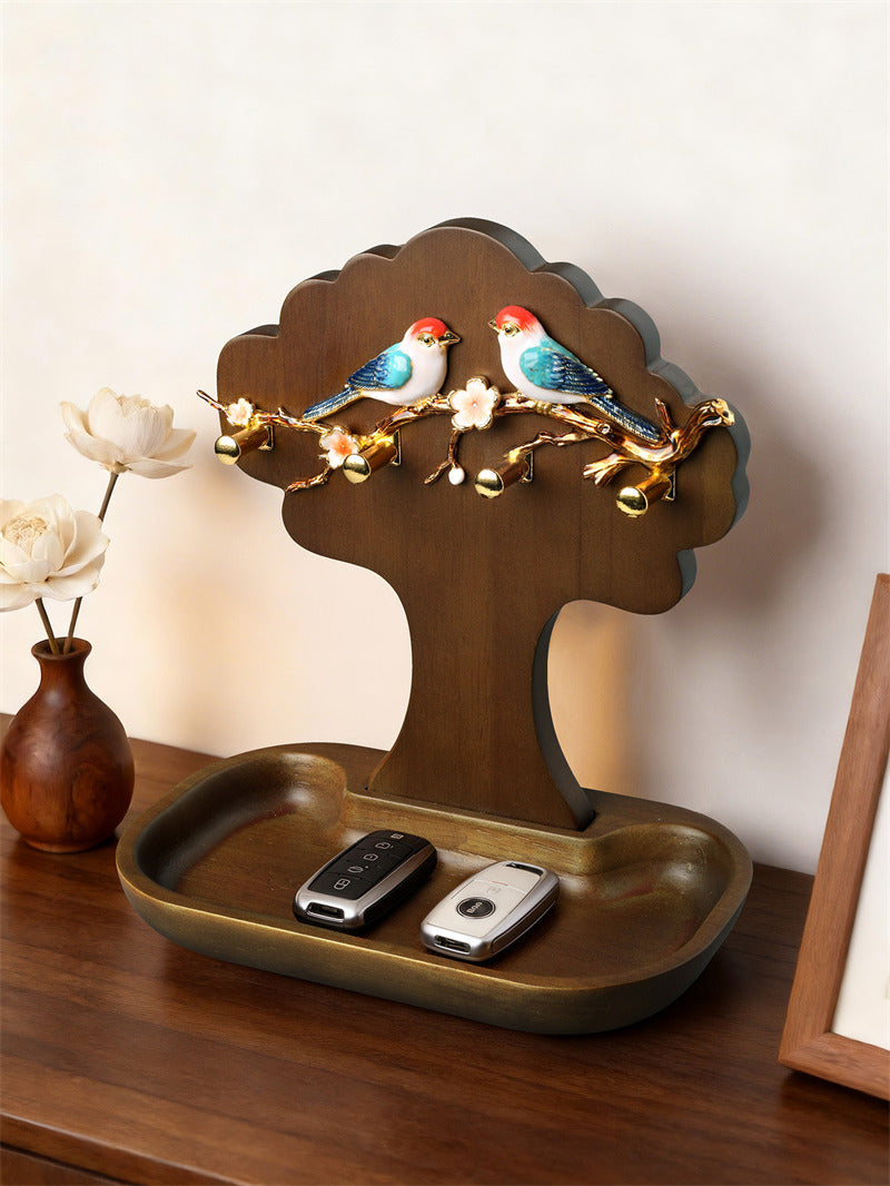 Wooden Tree Jewelry Holder Stand with Birds & Flower Ornament, Earring Necklace Ring Organizer Tray