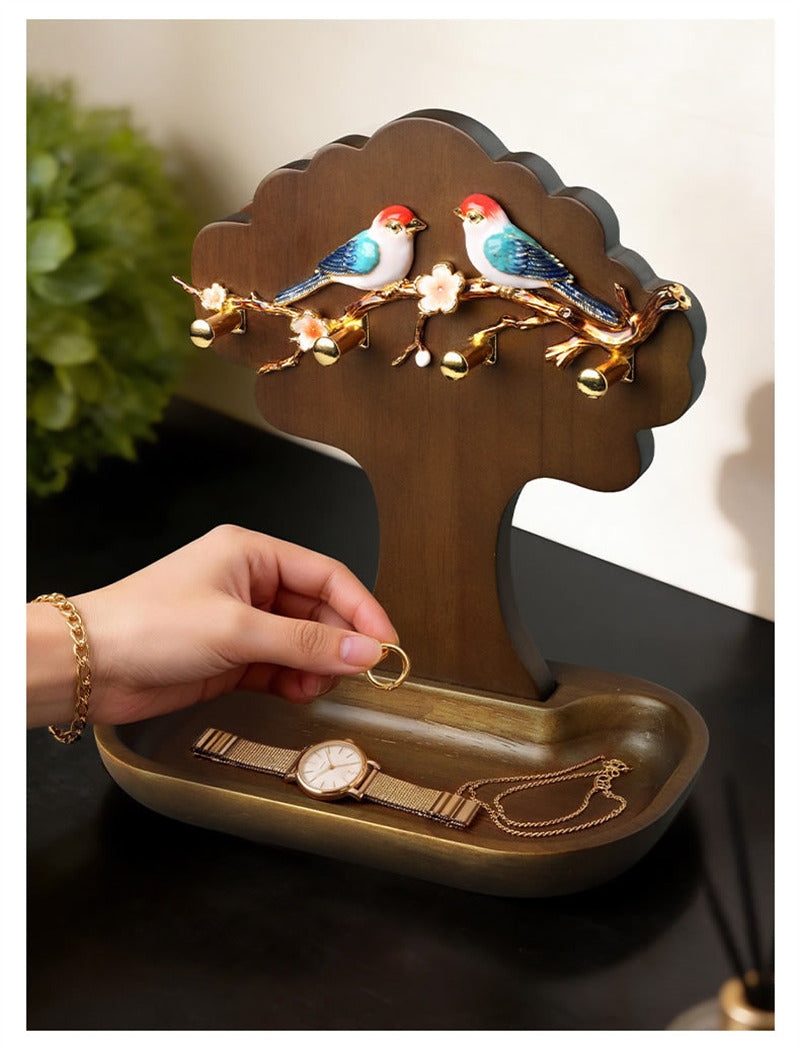 Wooden Tree Jewelry Holder Stand with Birds & Flower Ornament, Earring Necklace Ring Organizer Tray