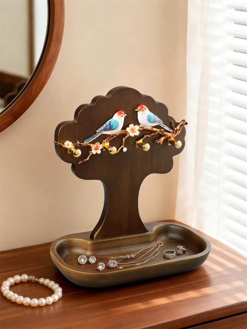 Wooden Tree Jewelry Holder Stand with Birds & Flower Ornament, Earring Necklace Ring Organizer Tray