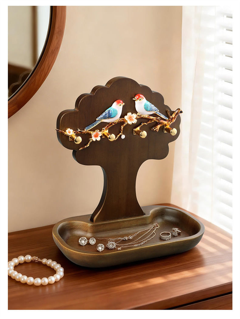 Wooden Tree Jewelry Holder Stand with Birds & Flower Ornament, Earring Necklace Ring Organizer Tray