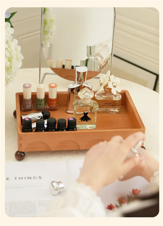 Wooden Vanity Tray with Round Feet, Decorative Organizer for Perfumes and Small Items