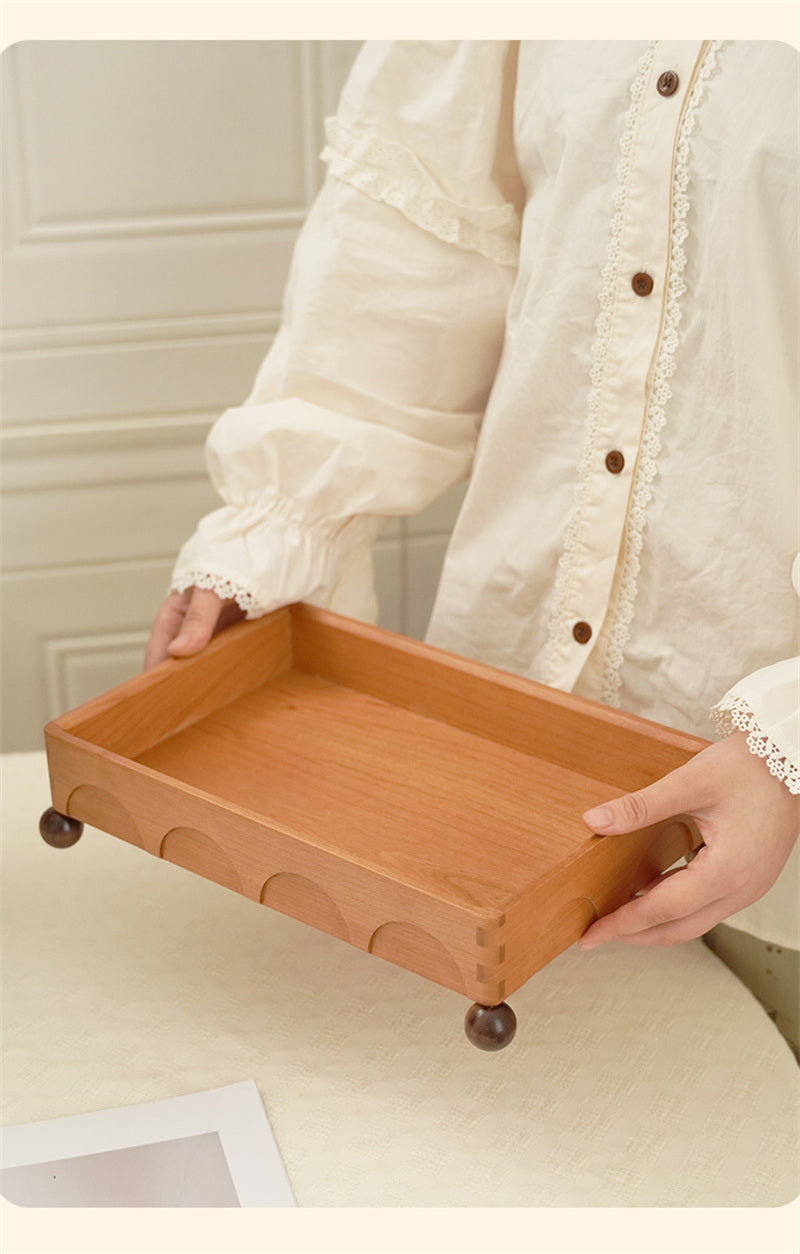 Wooden Vanity Tray with Round Feet, Decorative Organizer for Perfumes and Small Items