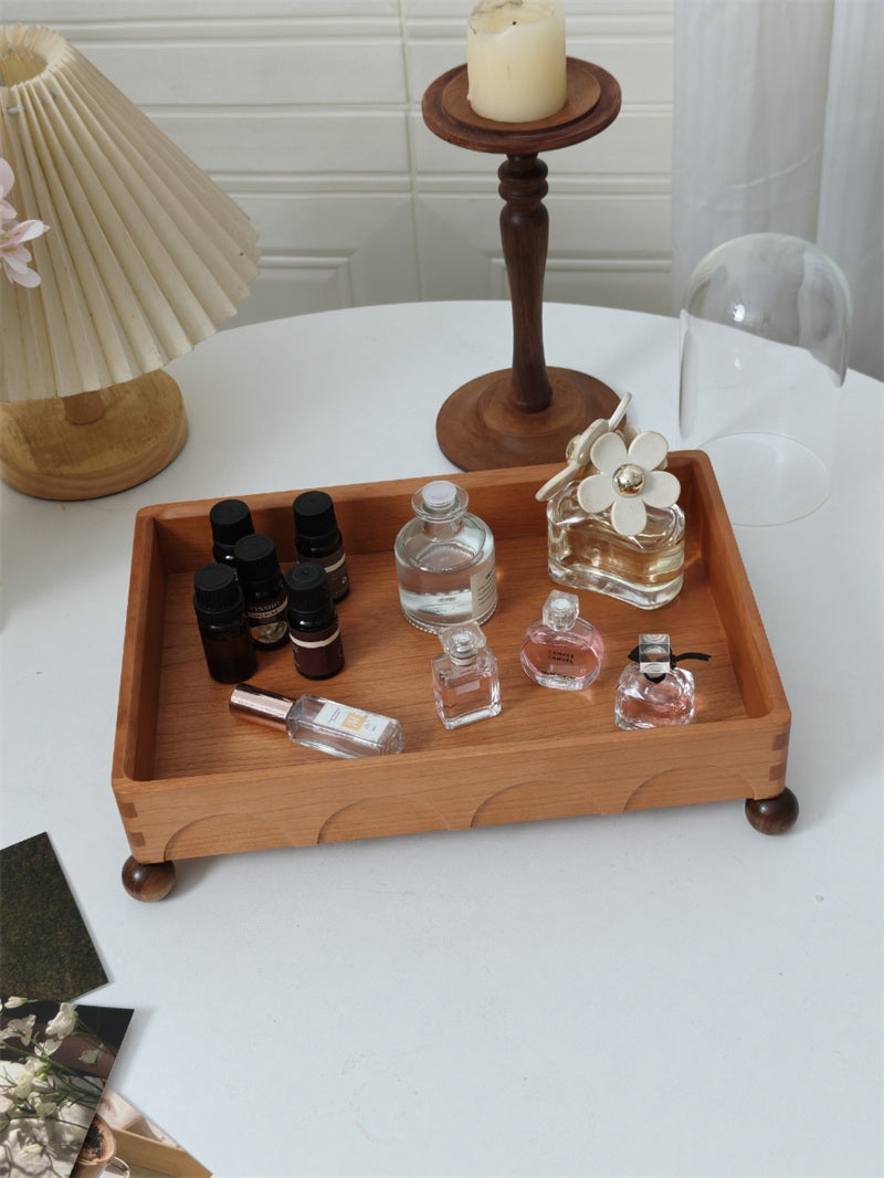 Wooden Vanity Tray with Round Feet, Decorative Organizer for Perfumes and Small Items