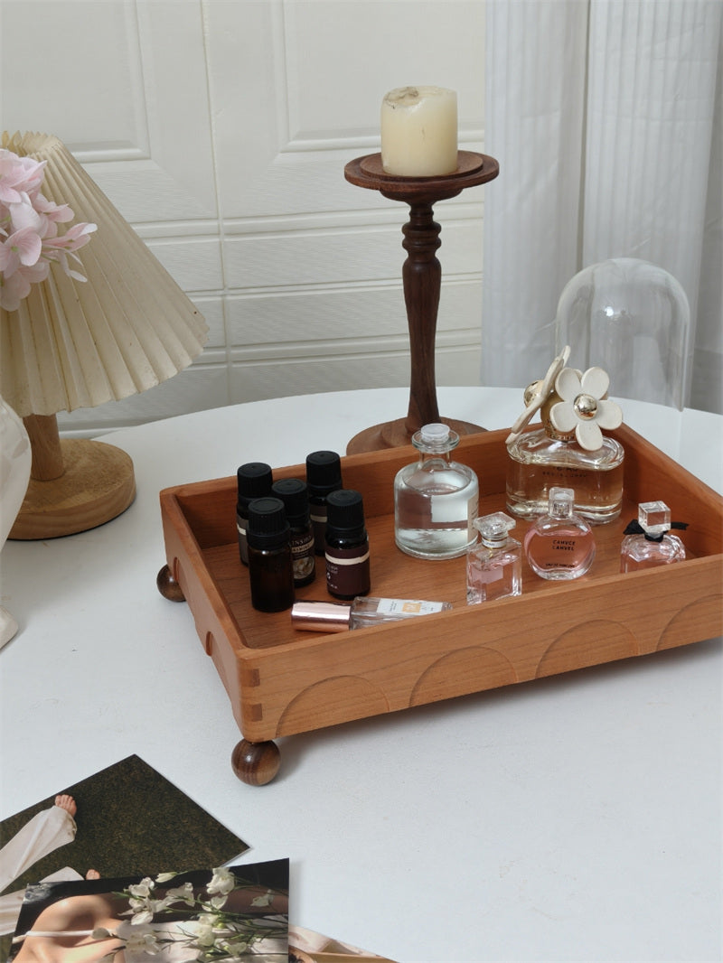 Wooden Vanity Tray with Round Feet, Decorative Organizer for Perfumes and Small Items
